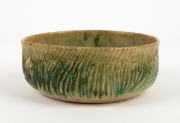 MERRIC BOYD green glazed pottery bowl with sgraffito landscape decoration, incised "Merric Boyd, 1946", 7cm high, 17cm wide - 3