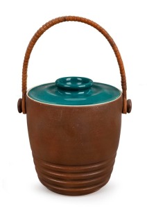 ALLAN LOWE pottery ice bucket with original rattan handle, incised "Allan Lowe", ​​​​​​​29cm high overall