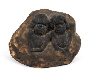 WILLIAM RICKETTS pottery sculpture with two Aboriginal figures, incised "Out of the rock they come, spirits from the eternal sun. Wm. Ricketts", 8cm high, 12cm wide