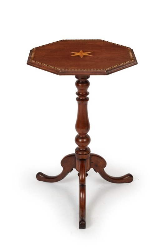 An Australian blackwood wine table with inlaid star octagonal top, bulbous trunk and shaped tripod legs, 19th century, 69.5cm high, 44cm wide, 44cm deep