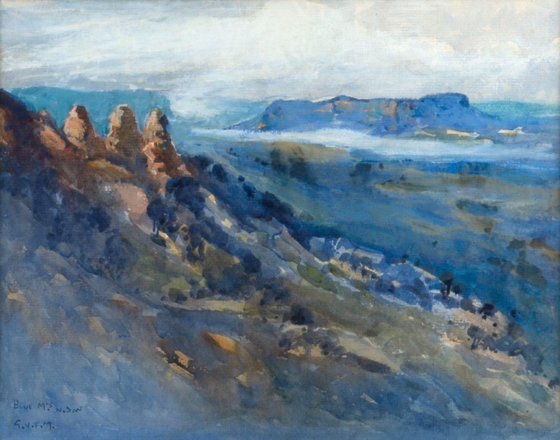 GOTHER VICTOR FRYERS MANN (1863-1948), Blue Mountains, N.S.W., watercolour and gouache, signed and titled lower left "G.V.F.M., Blue Mts. N.S.W.", 20 x 25cm, 38 x 41cm overall