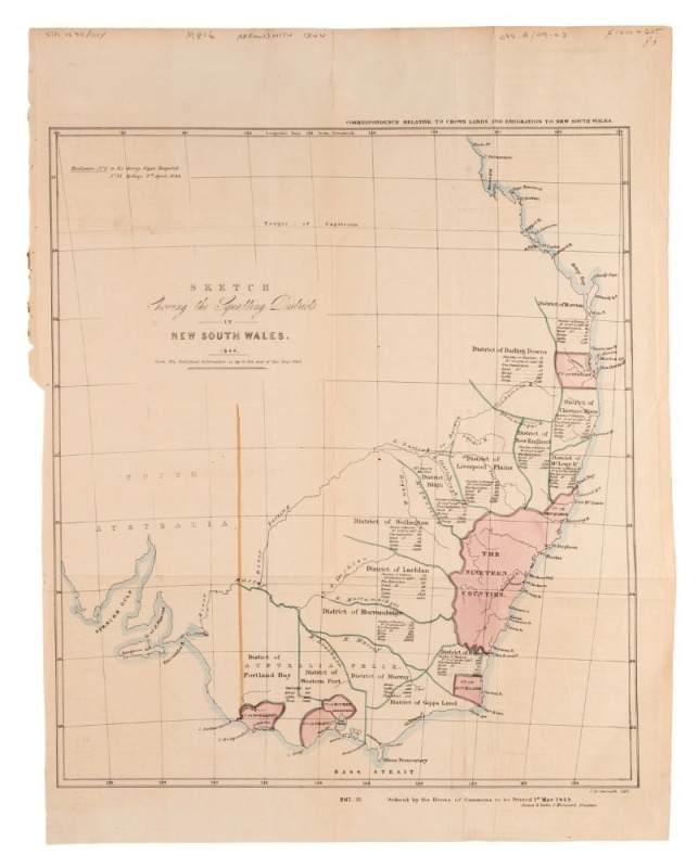 JOHN ARROWSMITH [1790-1873] "Sketch Shewing the Squatting Districts in NEW SOUTH WALES. 1844." hand coloured, 42 x 37.5cm; map with details of the number of stations, free population, horses, cattle and sheep in each district.