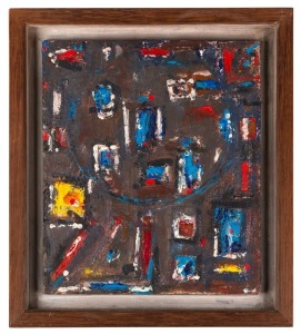 ROGER KEMP (1907 - 1987), Form on form, oil on panel, circa 1962, signed verso, with an old exhibition label "19 - Form on form" and a label with the artist's address in Beaumaris., 35.5 x 30.5cm; framed 46 x 39.5cm overall. PROVENANCE: a gift from the a