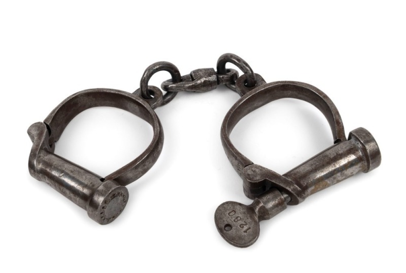 HIATT screw-key antique handcuffs, 19th century, 23cm wide