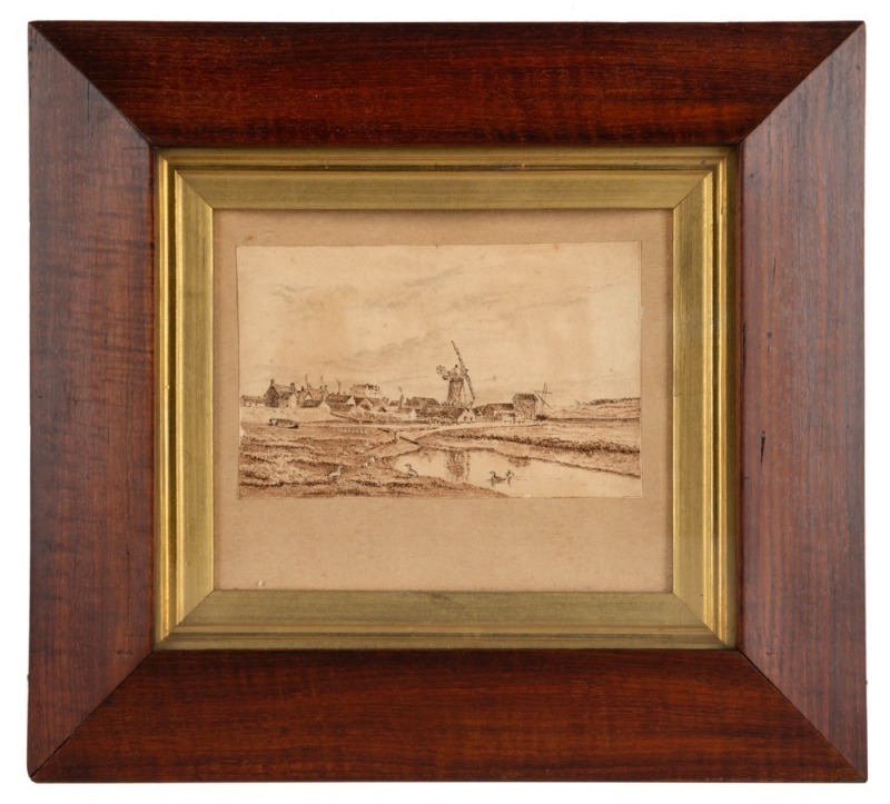 ARTIST UNKNOWN, (19th century), an early view of Oatland, Tasmania, ink and wash on paper, housed in a fine fiddleback blackwood frame with gilt slip mount, 8 x 13cm, 24.5 x 27cm overall