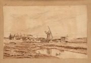 ARTIST UNKNOWN, (19th century), an early view of Oatland, Tasmania, ink and wash on paper, housed in a fine fiddleback blackwood frame with gilt slip mount, 8 x 13cm, 24.5 x 27cm overall - 2