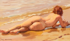 MAX MIDDLETON (1922-2013), Sun Bather, oil on board, signed lower left "Max Middleton", 14 x 24cm, 47 x 56cm overall