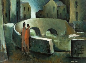 WILLIAM (BILL) COLEMAN (1923-1993), figures on a bridge, oil on board, signed lower left "Bill, 1954", 29 x 39cm, 56 x 64cm overall