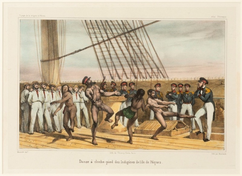 Louis-Jules MASSELOT (artist); Thomas Marie Auguste BLANCHARD (lithographer), Danse à cloche-pied des indigènes de l'ile de Paques, lithograph with hand colouring, being a plate from "Voyage autour du monde sur la frégate la Vénus, pendant les années 1836