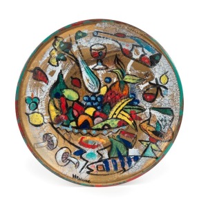 BERNARD HESLING (1905-1987), (the cocktail party), vitreous enamel plate, signed "Hesling", 41.5cm diameter