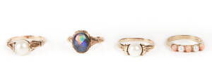 RINGS: Four gold rings set with pearl, coral and opal triplet.