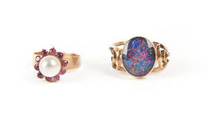 RINGS: 9ct gold and opal doublet ring and a gold ruby and pearl ring.
