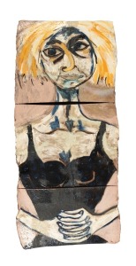 DEBORAH HALPERN self portrait pottery plaque, made in three sections, signed on the back "Deborah D. Halpern, '84". Purchased by the vendor directly from the artist, 100 x 45cm