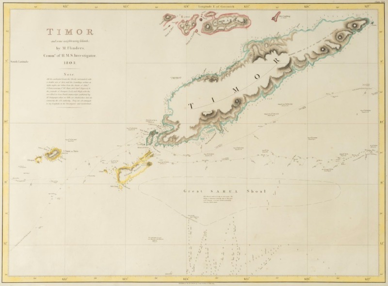 MATTHEW FLINDERS (1774 - 1814), Timor and some neighbouring Islands: by M. Flinders, Commr. of H.M.S. Investigator 1803., copper engraving with attractive hand colouring, 48 x 63cm (image); framed 68 x 85cm (overall). From Flinders' A Voyage to Terra Aus