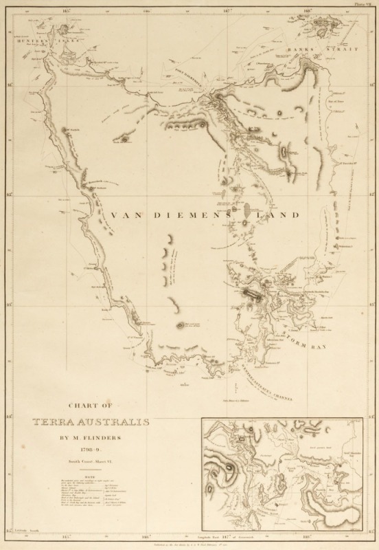 MATTHEW FLINDERS (1774 - 1814), Chart of Terra Australis: by M. Flinders, 1798-9, South Coast, Sheet VI, (with inset of approaches to Hobart Town), copper engraving, 1814, 66 x 46cm (image); framed88 x 67cm (overall). From Flinders' A Voyage to Terra Aus