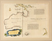 EMANUEL BOWEN (1693 - 1767). "A Complete map of the Southern Continent survey'd by Capt. Abel Tasman & depicted by order of the East India Company in Holland in the Stadt House at Amsterdam", copper plate engraving; London, circa 1744, with hand colouring