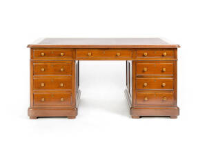PARTNERS DESK: English c1880s twin pedestal mahogany desk with red leather insert top. Height 73cm, width 155cm, depth 90cm.