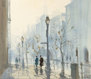 JOHN LOXTON (1903-1969), Wet Day Collins Street, watercolour on artist's board, signed lower right "John S. Loxton", titled verso, ​​​​​​​47 x 55cm, 59 x 77cm overall