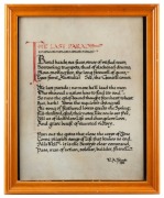 A POEM WRITTEN ON THE DEATH OF JOHN MONASH William A. Tainsh (1880 - 1967), "The Last Parade", A three stanza tribute to Monash, composed by Tainsh, with his name and dated 1931 at lower right, pen and red and black ink on vellum, framed 40 x 32.5cm overa