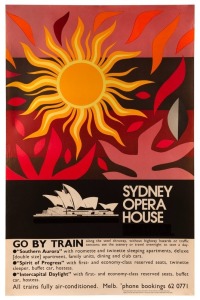 JOHN COBURN (1925 - 2006), "SYDNEY OPERA HOUSE - GO BY TRAIN", colour lithograph poster, "Poster Design Based on Sun Curtain by John Coburn in the Main Concert Hall of the Sydney Opera House.", published by the N.S.W. Department of Tourism; printed by Off