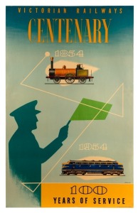 "VICTORIAN RAILWAYS CENTENARY 1854 - 1954 : 100 YEARS OF SERVICE", colour lithograph poster, printed by W. M. Houston, Government Printer, Melbourne, 101 x 63cm