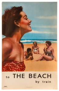 ARTIST UNKNOWN, "To THE BEACH By Train", colour lithograph poster, "V.R. Poster No. 267", circa late 1940s, printed by W. M. Houston, Government Printer Melbourne, 101 x 63cm. ​​​​​​​The first example known to us.