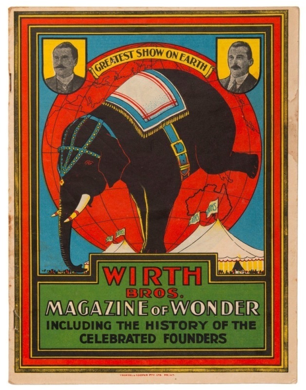 "Wirth Bros. Magazine of Wonders Including the History of the Celebrated Founders", printed in Melbourne by Troedel & Cooper, (May 1928); 32pp + colour lithographic covers. Page 2 provides an illustration and description of "Wirth's Park" in Melbourne, wh