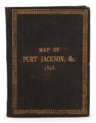 HIGINBOTHAM & ROBINSON, "MAP OF PORT JACKSON, &c. 1893." gilt lettering to the front cover of a small leather folder containing three colour lithographed charts, all sectioned and laid-down on linen: 1: Port Jackson & Middle Harbour also Parramatta & Lane