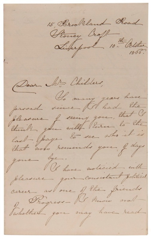 CAROLINE CHISHOLM (1808 - 1877), full original pen signature on 10th October 1866 4-page ALS, headed 15 Brookland Road, Stoney Croft, Liverpool, and address to a Mr. Childers.  She is seeking his support in having some of her "progressive" writings publis