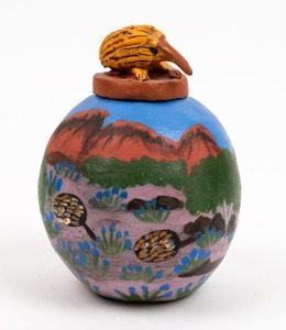 HERMANNSBURG hand-painted pottery vase with echidna lid, together with a book "Hermannsburg Potters, Aranda Artists of Central Australia" by Jennifer Isaacs [Syd. 2000], hardcover with d/j (two items), the vase 17.5cm high