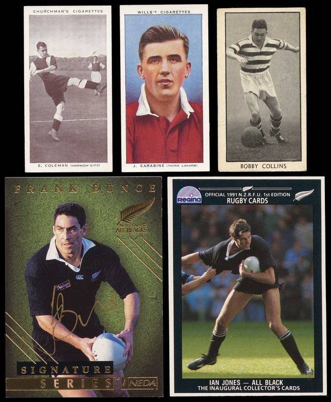 SPORTS CARDS: 1938 Churchman "Association Footballers" [50]; 1939 Wills "Association Footballers" [50]; 1956 "Thomson (Wizard) "Famous Footballers" [24]; 1991 Regina "Official 1991 NZRFU 1st Edition Rugby Cards", complete set [217]; plus 1997 Ineda "New Z