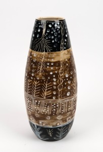 ARTIST UNKNOWN Australian pottery vase glazed in brown and black with hand-painted and sgraffito decoration, incised signature to base, ​​​​​​​34cm high