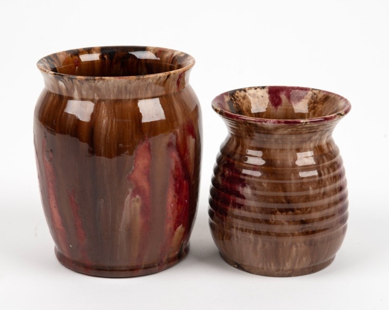 JOHN CAMPBELL two pottery vases glazed in burgundy and brown, incised "John Campbell, Tasmania", ​​​​​​​13cm and 10cm high