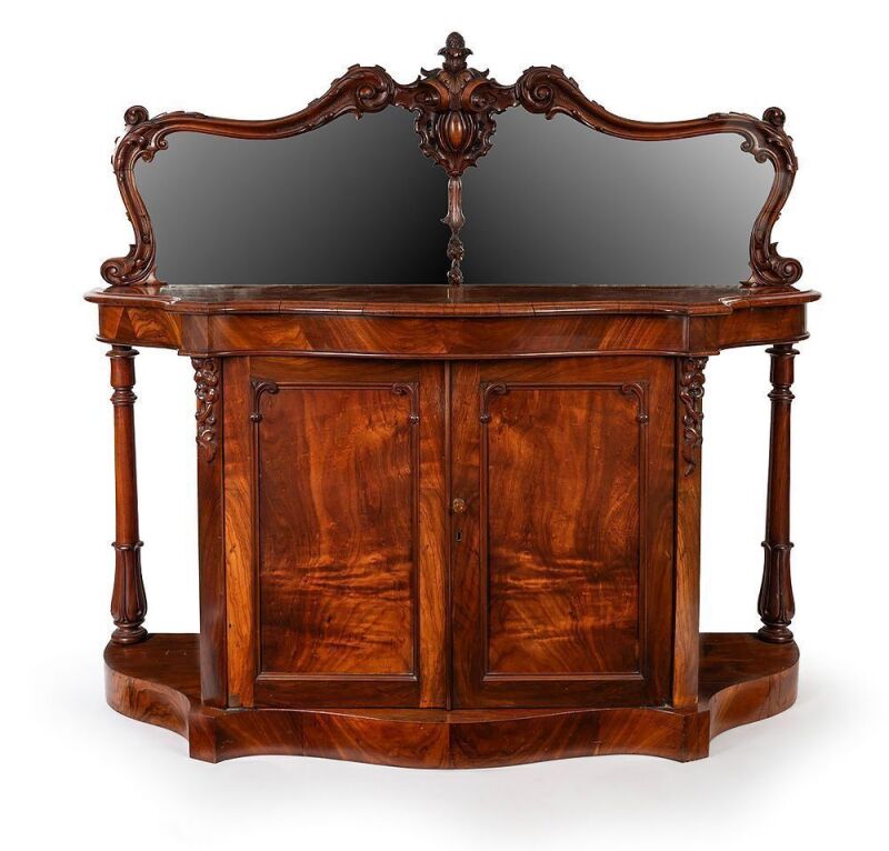 GEORGE THWAITES of Melbourne (attributed), impressive Australian blackwood sideboard credenza with full cedar secondary timbers, beautifully crafted with serpentine front, unusual turned and carved inverted tulip supports and fine detailed finish, circa 1