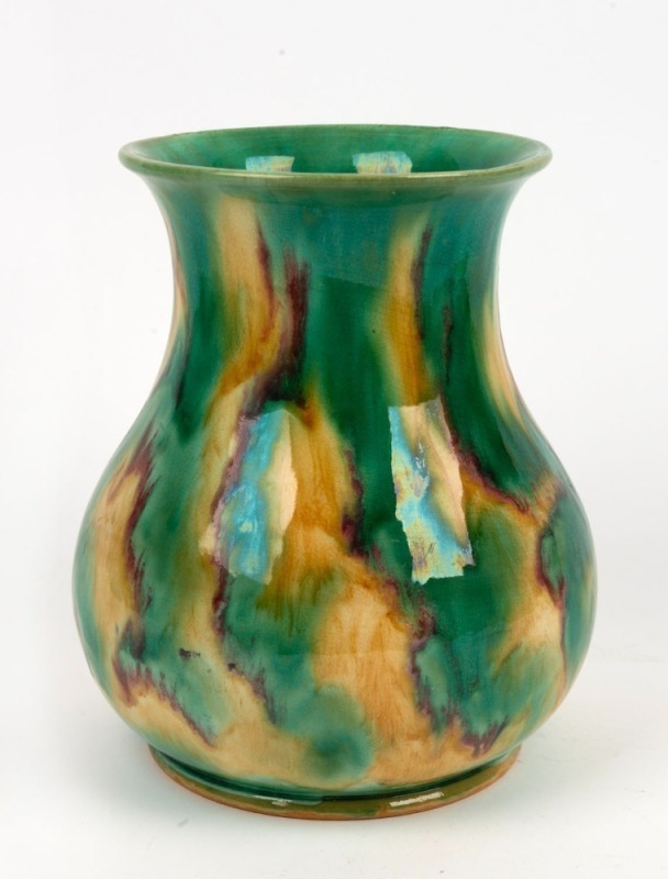 McHUGH green and yellow glazed pottery vase, incised "McHugh, Tas.", 22.5cm high