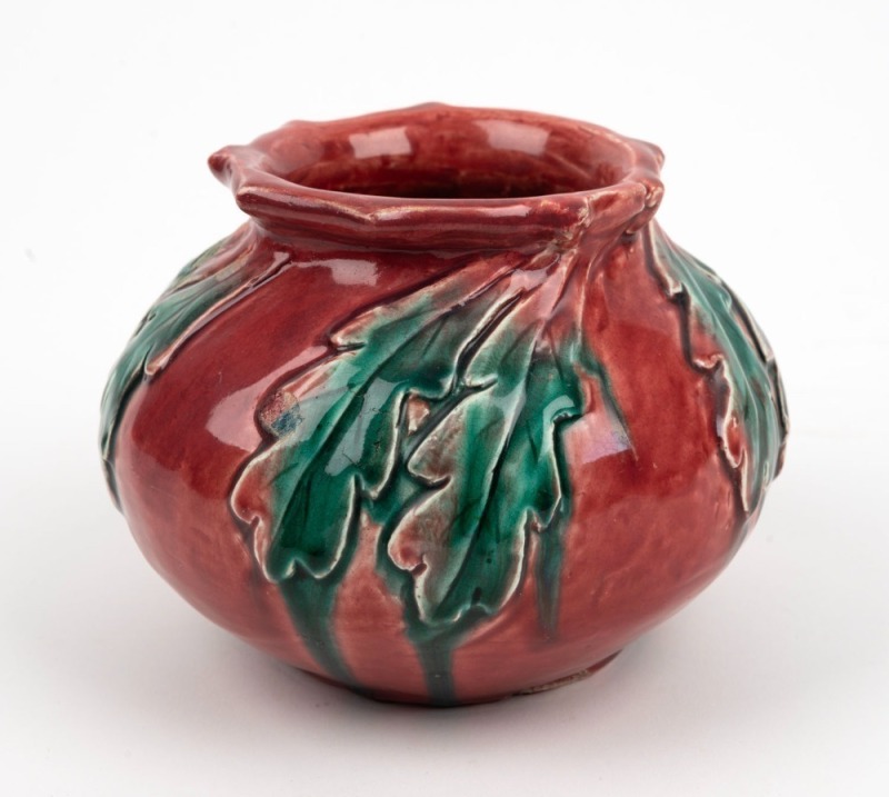 EDITH WHITE (HARVEY SCHOOL) burgundy and green glazed pottery vase with applied leaf decoration, incised "E. White, 1931", 12.5cm high