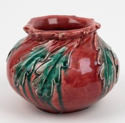 EDITH WHITE (HARVEY SCHOOL) burgundy and green glazed pottery vase with applied leaf decoration, incised "E. White, 1931", 12.5cm high - 2