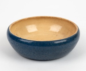 MERRIC BOYD blue glazed pottery bowl, incised "Boyd, '21", with gum leaf mark, 5cm high, 17cm diameter