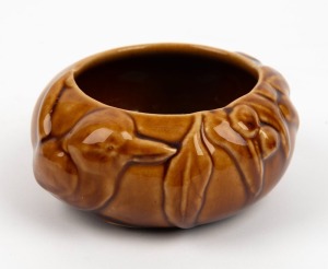 UNKNOWN MAKER brown glazed pottery vase with kookaburra, gumnuts and leaves, 6cm high, 12cm wide