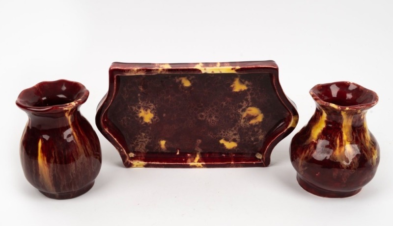 E. KING pair of burgundy and yellow glazed pottery vases with accompanying tray, Queensland origin, (3 items), incised "E. King", the tray 28cm wide