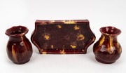 E. KING pair of burgundy and yellow glazed pottery vases with accompanying tray, Queensland origin, (3 items), incised "E. King", the tray 28cm wide