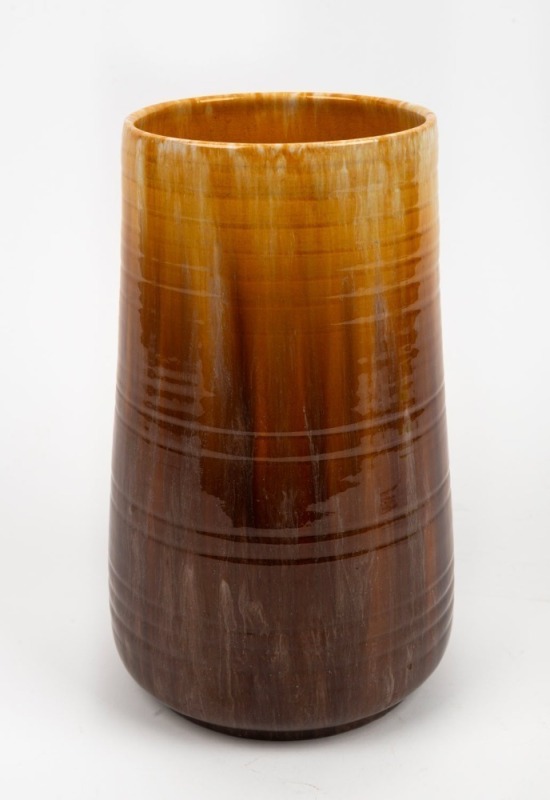 JOHN CAMPBELL brown and yellow glazed pottery vase with ribbed decoration, incised "John Campbell, Tasmania", 27cm high