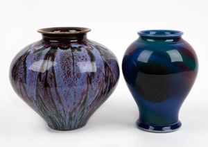 ARNAUD BARRAUD blue and coloured glazed pottery vase, together with a RAY CARLTON mottled purple glazed vase, (two items), 16 and 17cm high