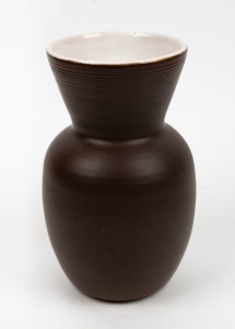 ALLAN LOWE brown glazed pottery vase with white interior, incised "Allan Lowe", 21.5cm high