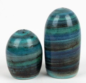 ALLAN LOWE blue glazed pottery salt and pepper shakers, incised "Allan Lowe", 14cm high