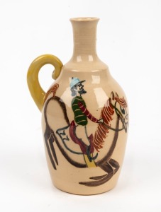 DORIAN SANDS pottery jug with hand-painted horse racing scenes, incised "Dorian Sands", 19.5cm high