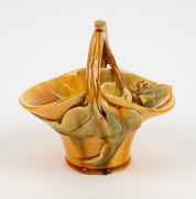 FLORENZ yellow and green glazed pottery basket vase with applied gumnuts and leaves, incised "Florenz", 17cm high