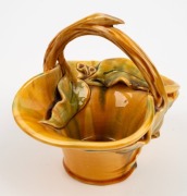 FLORENZ yellow and green glazed pottery basket vase with applied gumnuts and leaves, incised "Florenz", 17cm high - 2