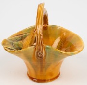 FLORENZ yellow and green glazed pottery basket vase with applied gumnuts and leaves, incised "Florenz", 17cm high - 3