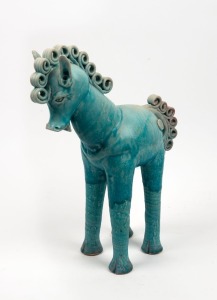 ARTIST UNKNOWN pottery horse statue with turquoise glaze, seal button to rump (illegible), 40cm high